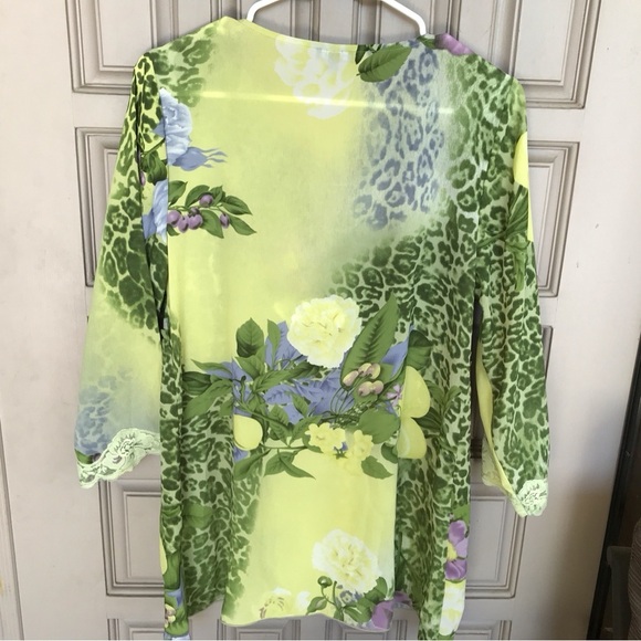 Piano Blouse Silky Pretty Empire Waist SzL Green/Yellow 3/4Sleeves - Picture 4 of 9